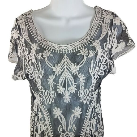 Dulcie Black Ivory Embroidered Mesh Top Sz M | Sheer Lace Boho Blouse - Picture 2 of 7